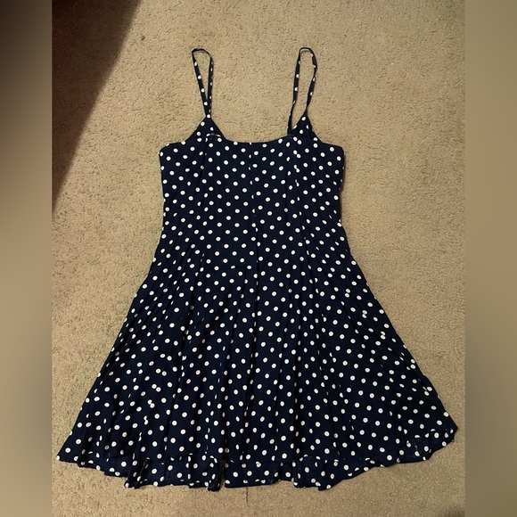 90s vintage Moda Intl navy blue polkadot a line dress, size 8 - Picture 5 of 7
